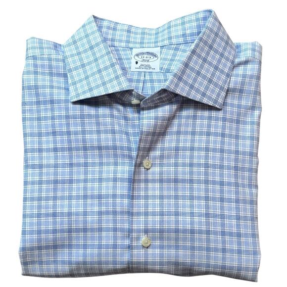 Brooks Brothers 346 Blue White Plaid Slim Fit Button Up 17-2/3 Men's Size XL - Picture 1 of 7